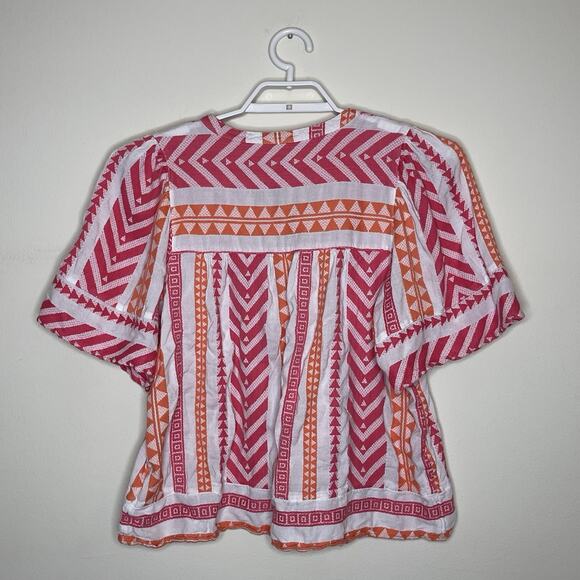 OLD NAVY Pink Orange V Neck Swing Peasant Blouse 100% Cotton Boho Aztec Sz L - Picture 4 of 8